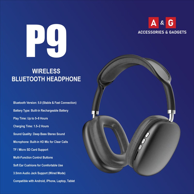 P9 Wireless Bluetooth Headphone – Deep Bass Stereo Sound | Foldable | Rechargeable | Built-in Mic