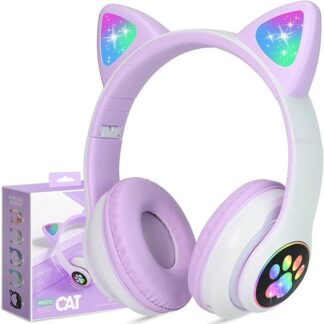 Wireless Headphones RGB Cute Cat Girls Kids Gift Headset with Microphone Stereo Music Gaming Headsets Control Lights Earphone