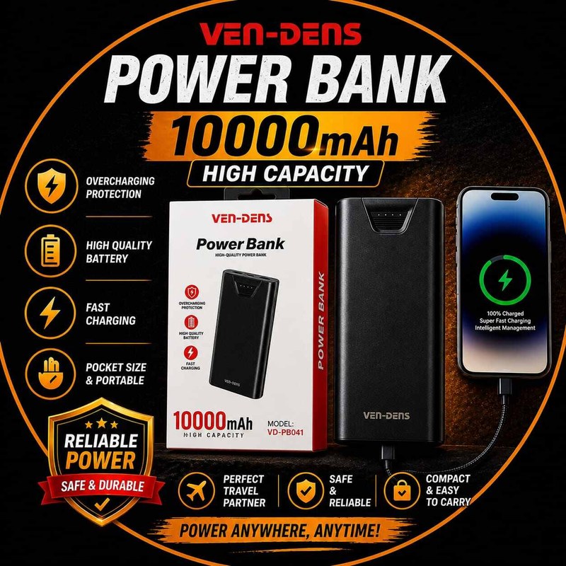 VEN-DENS 10000mAh Power Bank VD-PB041 Fast Charging Portable Charger | Dual USB Output | LED Indicator | Smart Protection | Slim & Lightweight Powerbank for Android, iPhone & All D