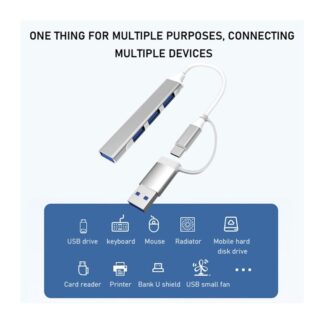 4-in-1 USB Hub with both USB-C and USB-A connectivity, designed to expand the number of available ports for data transfer and peripheral connection.