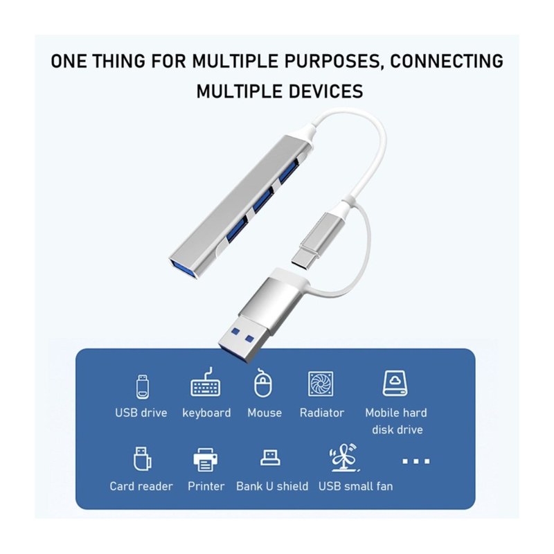 4-in-1 USB Hub with both USB-C and USB-A connectivity, designed to expand the number of available ports for data transfer and peripheral connection.