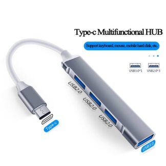 Type-C to USB Hub, designed for use with devices like Macbooks and phones, offering 4 USB ports for connecting various peripherals.