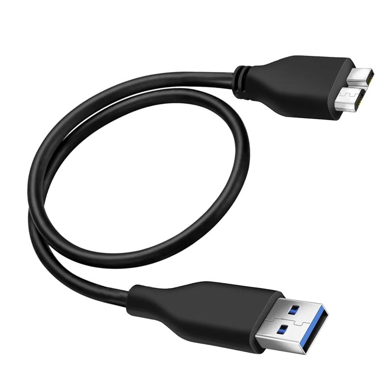 USB 3.0 A Male to Micro B Male cable, commonly used for connecting portable external hard drives and other USB 3.0 peripherals.