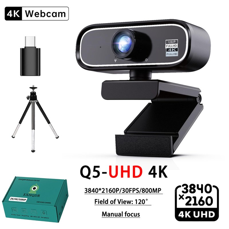 【Unbeatable SKU活动价s】 EXHQDR UHD 4K USB Webcam, New Upgraded Model with 120° Wide-Angle Lens and Manual Focus. This plug-and-play computer peripheral