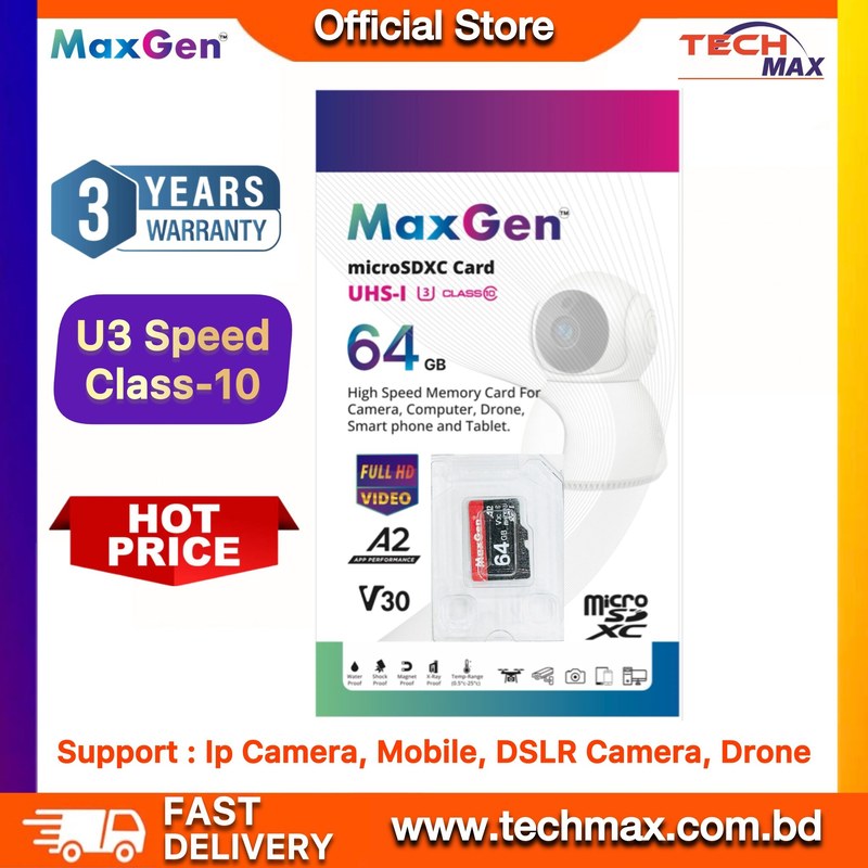 MaxGen 64GB Micro SD TF Memory Card Data Storage U3 High Speed For Ip Camera, DSLR, Drone, Smartphone & CCTV Camera