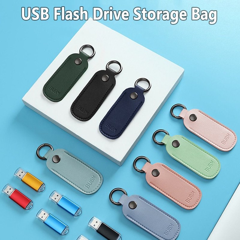 Leather U Disk Pouch Key Ring Holder USB Flash Drive Storage Bag Pendrive Protective Cover Memory Stick Case